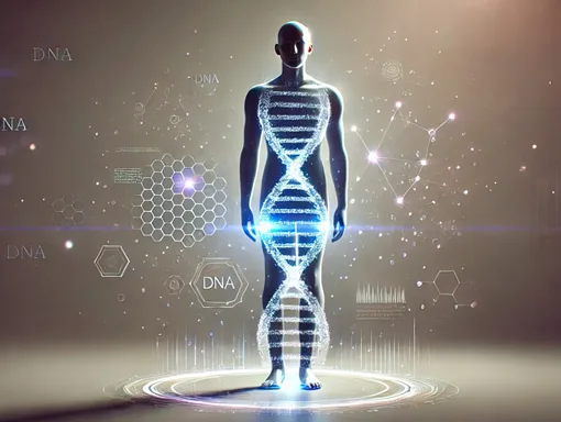Futuristic digital artwork of a human figure with a Digital DNA helix, symbolizing health optimization, precision medicine, and advanced physical therapy technology.